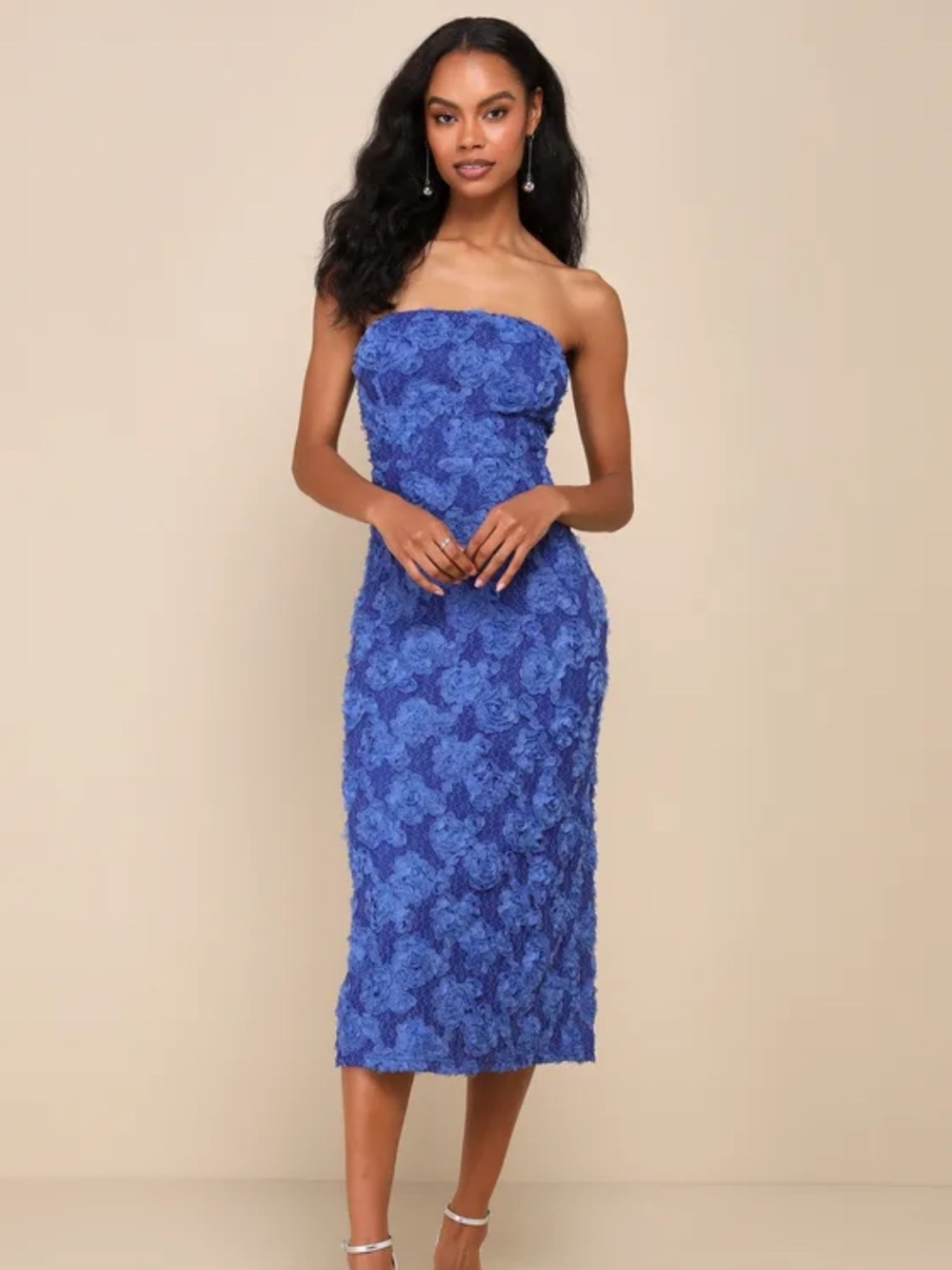 Lulu's Cobalt Floral Lace Strapless Midi Dress